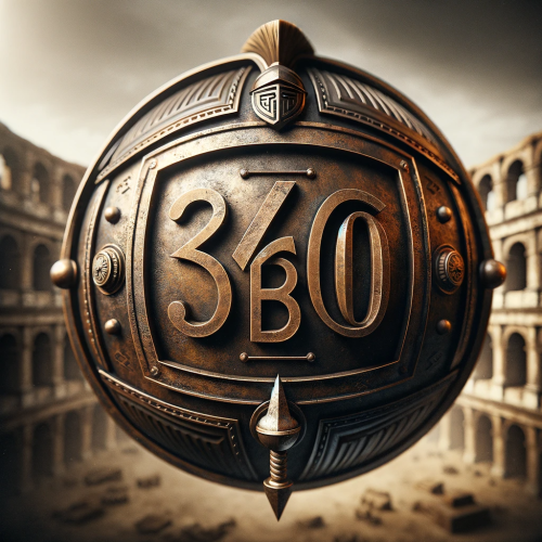 DALLE-2023-11-30-02.55.34---Create-a-gladiator-themed-360-BW-logo.-The-sphere-should-resemble-an-ancient-Roman-shield-with-a-weathered-bronze-texture-and-traditional-Roman-mot.png